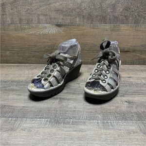 Fly London Yito Gold/Pewter Leather Gladiator Heels Women's Size EU 37